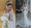 Robes de mariée sirène modestes de luxe col transparent manches longues dentelle pleine perles appliquées robes de mariée balayage train Camo mariage Dres298e