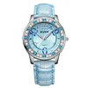 Frau Casual leuchtende Uhr wasserdicht Damen Sportuhren Lederarmband blau Strass Zifferblatt Relogio Kleid Quarz-Armbanduhr312x