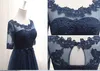 Dark Navy Tea Length mother of the bride dresses Half Sleeves Sheer with Applique Pleats TUlle Mother of The Bride Dresses