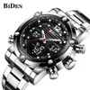 BIDEN 2018 montre à Quartz hommes Double mouvement chronographe alarme LED horloge mâle acier inoxydable chronomètre étanche