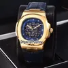 New Classic 5711 Yellow Gold Gold Skeleton Globe Dial A2813 Automatic Mens Watch Black Leather Sports Watches Cheap Puretime PB301A3