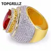 Topgrillz HIP-HOP klassieke goudkleurige kubieke zirkoon grote rode stenen ring persoonlijkheid mode mannen vrouwen sieraden minnaar geschenk