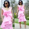 Stylish Bright-Pink Cocktail Dresses Sexy Off Shoulder V-Neck Handmade Flower Short Mermaid Prom Dress 2018 Hot Fashion Party Prom Dresses