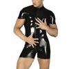 Hombres Sexy de Látex de Cuero de Imitación Body Activewear Gay Hombre Elástico Catsuit Cremallera Frontal Crochas Abiertas Ropa Interior Sexy Clubwear 2016