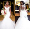 Plus Size 2020 Beaded Tulle Mermaid African Wedding Dresses Sheer Neck Lace Appliques Sheath Wedding Gowns Open Back Formal Bridal Dresses