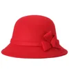 Elegante Vintage Baksteen Rode Cloche Hat 100% Wol Vilt Zwart Fedoras Bowknot Herfst Winter Bowler Hoeden voor Vrouwen