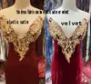 Sexy Burgundy Evening Dress Side Split Sweep Train Gold Applique with rhinestones Prom Gowns Custom Made Elastic Satin/Velvet Evening Gowns