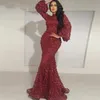 Burgundy Full Petals Appliqued Evening Dresses High Neck Long Sleeves Mermaid Prom Klänningar Glamorösa Mellanöstern Lace Aftonklänningar