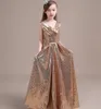 Altın Sequins V Boyun Çiçek Kız Elbise Düğün için 2019 Kat Uzunluk Çocuk Abiye Yeni İlk Communion elbise