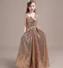 Gold Sequins V Neck Flower Girl Dress for Wedding 2019 Floor Length Kids Gowns New First Communion Dresses