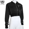 Punk Black Crop Top Jacket Women Casual Zipper Short Cardigan Coat Fashion Buckle Long Sleeve Bomber Jacket Bike Outwear