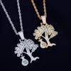 US Dollar Money Lucky Tree Pendant Necklace & Pendant Free Chain Gold Color Cubic Zircon Men's Hip hop Jewelry For Gift