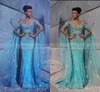 New Evening Dresses New Luxury Mermaid Cap Wrap Sleeves Lace Appliques Crystal Beaded With Cape Flowers Blue Formal Party Prom Gowns