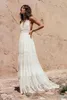 2019 Vestidos de Noiva Boêmio Halter Decote em V Profundo Luxo Bordado Sweep Train Vestidos de Noiva Sem Encosto Vestido de Noiva Boho de Praia Feito Sob Medida