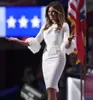 Melania Trump Little White Satin Sheath Celebrity Dresses Crew Neck Pleated with Baloon Sleeves Back Split Knee Length Formal Party Gowns