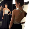 Prawdziwe zdjęcie seksowne sukienki A-Line Black Prom Długie kantarki z koralikami bez szyfonu wieczorowe suknie imprezowe