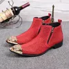 2018 Ny Zip Black / Red Boot Designer Luxury Mäns Röd Ankel Boot Fashion Rhinestone Metal Pointed Toe High Suede Läder Skor