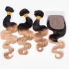 Body Wave # 1B / 27 Bundles de faisceaux d'armure de cheveux brésiliens blonds blonds avec fermeture de la soie 4x4 et extensions de cheveux vierges brun clair