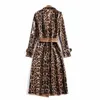 European and American women's 2022 winter clothing new Long sleeve lapel Leopard print lace-up Trench coat