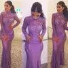 Saudiarabisk High Neck Mermaid Prom Dress Lace Applique Pärlor Sheer Långärmade Kändis Party Klänning Sexiga Kvinnor Kväll Kappa Formella Klänningar