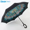 Dubbellaags omgekeerde paraplu auto's omgekeerde paraplu's, winddichte UV-bescherming groot recht voor auto regen buiten met C-vormige handl