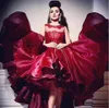 Arapça Yeni Dabai Koyu Kırmızı Prom Elbiseler Balo Elbisesi Hi-Lo Boncuk Kristalleri Katmanlı Organze Resmi Parti Giyim Akşam Elbisesi Özel S