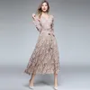2021 Jesienna sukienka damska europejska i amerykańska eksplozje V Neck Haftowane koronki z długim rękawem Slim Spódnica