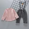 아기 소년 가을 신사 스트랩 복장 유아 넥타이 티셔츠 + 바지 2pcs / 세트 아동 의류 유아 의류 세트