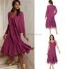 Mais recente Roxo 2 peça Chiffon mãe da noiva vestidos Chá Comprimento do noivo saia da mãe para as mulheres Plissado Frisado Plus Size Com Jaqueta