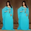 옥 블루 이브닝 가운 시폰 kaftan 두바이 아라비아 드레스 구슬 긴 소매 장착 된 이슬람 무슬림 어머니의 신부 드레스 플러스 사이즈