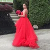 Red Luxury Prom Dresses High Low Tiered Ruffle Evening Dresses With Lace Applique Beaded Sweep Train Custom Made Vestidos De Noiva