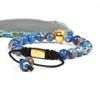 New Mens Pulseira Atacado 10 pçs / lote 8mm Azul Mar Sedimentos Pedra Com Cabeça de Leão de Aço Inoxidável Macrame Pulseiras Para o Partido