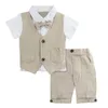 Baby pojkar gentleman kostym set spädbarn bröllop kläder med bowtie nyfödd sommar khaki kläder ropa dop födelsedagspresent