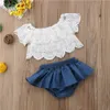 0-3Y Newborn Infant Kid Baby Girl Summer Cute White Lace Cotton Floral Short Sleeve Tops Denim Shorts Pants 2Pcs Outfits Clothes