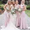 Chic Dusty-Pink Mermaid Bridesmaid Dresses Ruffles On Shoulder Scoop Neck Backless Special Party Dress Sexy Simple Long Maid of Honor Gown