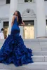 Royal Blue Mermaid Long Prom Dresses V Neck Satin Backless Sweep Train Formal Evening Party Gowns with Layed Ruffle