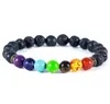 2019 New Design Unisex Seven color chakra energy bracelets natural black lava stone bracelets 8mm colorful beads bracelets with tree charm