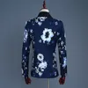 PYJTRL  2018 Tide Men Navy Blue Floral Print Fashion Casual Suits Latest Coat Pant Designs Wedding Groom Stage Costume