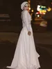 Long Sleeves Muslim 2018 Evening Sequins Chiffon Arabic Abaya Party Floor Length Back Zipper White Prom Dresses