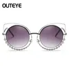 Outeye strass olho de gato óculos de sol feminino espelho redondo óculos de sol de grandes dimensões revestimento espelho reflexivo diamante eyewear