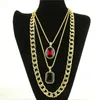 Mens Hip Hop Necklace Ruby Pendant Necklaces Fashion Cuban Link Chain Jewelry 3Pcs Set262E