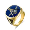 Nowy pierścionek masoński złoty kolor stalowy stal nierdzewna duża pierścień dla mężczyzn Blue Enamel Gift for Brother Friend2224988