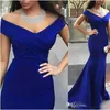 Royal Blue Classic Elastic Avondjurken Prom Maxi-jurken binnen trein Plus Size Off Shoulder Sheer Women Formal Party Jurken Custom Made