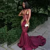 Charming Deep V-Neck Prom Dresses With Golden Appliques Sleeveless Satin Sweep Train Mermaid Party Dresses African Girl 2K18 Prom Dress