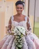 Dubai Luxury Beaded Pearls Ball Gown Wedding Dresses Handmade Flowers Long Illusion Sleeves Applique Wedding Bridal Gowns Wedding Dress