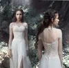 Fancy Jewel White Chiffon Long Sleeve Wedding Dresses Sheer Neck applique Leg Slit Bridal Gown Open Back Lace Up Country Cheap bohemian 2018