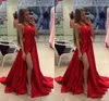 2018 Barato Abertura en el muslo Splid Red Vestidos de baile Cuello en V Sexy Espalda abierta Tren de barrido Por encargo Vestidos de fiesta formales Vestidos para ocasiones especiales