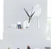 3D DIYモダンな三次元時計寝室の壁掛けレディースハイヒールの靴シルバーミラー壁時計の家の装飾