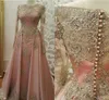 Nowe różowe sukienki wieczorowe dla kobiet noszą klejnot szyi długie rękawy koronkowe aplikacje kryształowy Bling z koralikami sukienki na bal