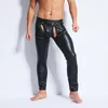 Sexy Men Funny Skinny Faux PU Leather Trousers Open Front Pants Gay Wetlook Black Long Johns Nightclub Performance Dancer Leather Pants